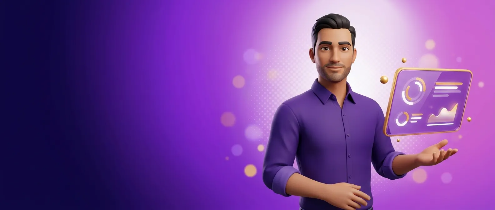 Confident adult analyst in violet shirt presenting a glowing panel, set against a rich violet-to-indigo cinematic gradient ba