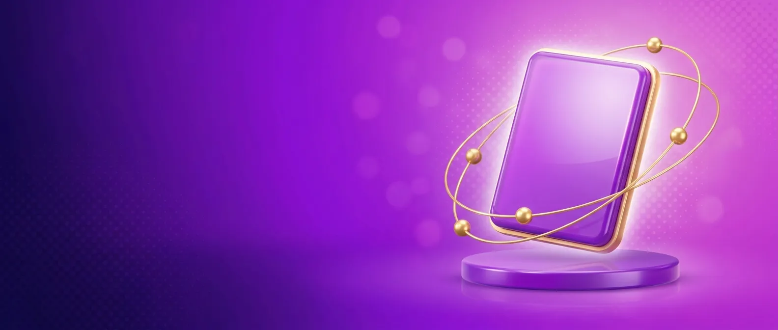 Wide cinematic hero banner with glossy violet tilted card panel rising above a podium, gold spheres orbiting it on a deep ind