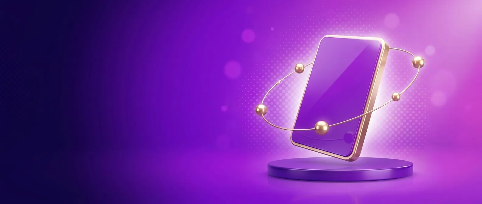 Glossy violet tilted card panel rising above a podium with gold spheres orbiting it on a deep indigo to orchid gradient field