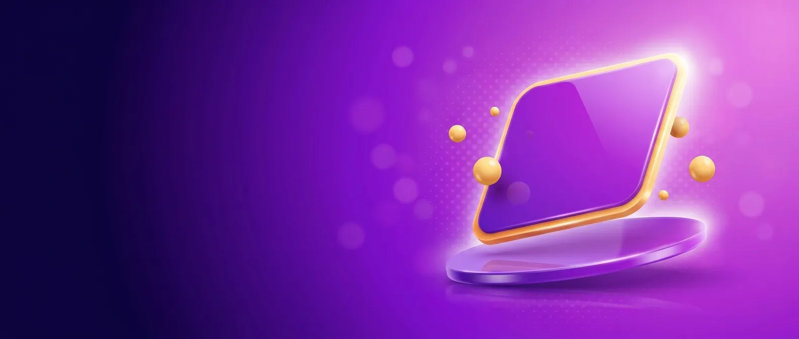 Wide cinematic hero banner with glossy 3D violet gift box and gold ribbon on a rich violet-to-indigo gradient background