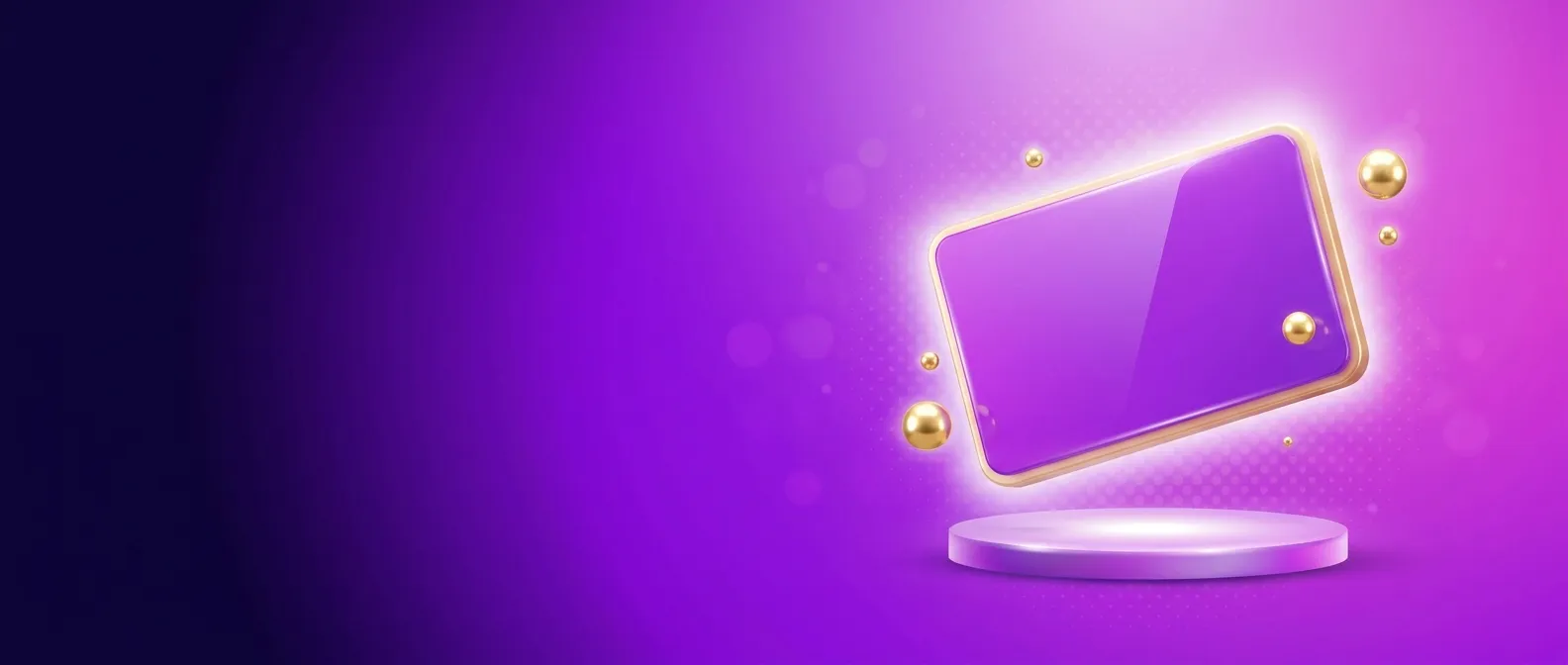 Glossy violet tilted card panel rising above a podium with gold spheres orbiting it on a deep indigo to orchid gradient backg