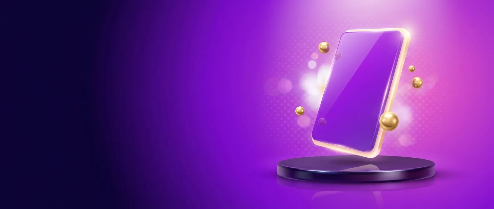 Wide cinematic hero banner with glossy violet card panel rising above a podium, gold orbiting spheres, on a rich violet-to-in