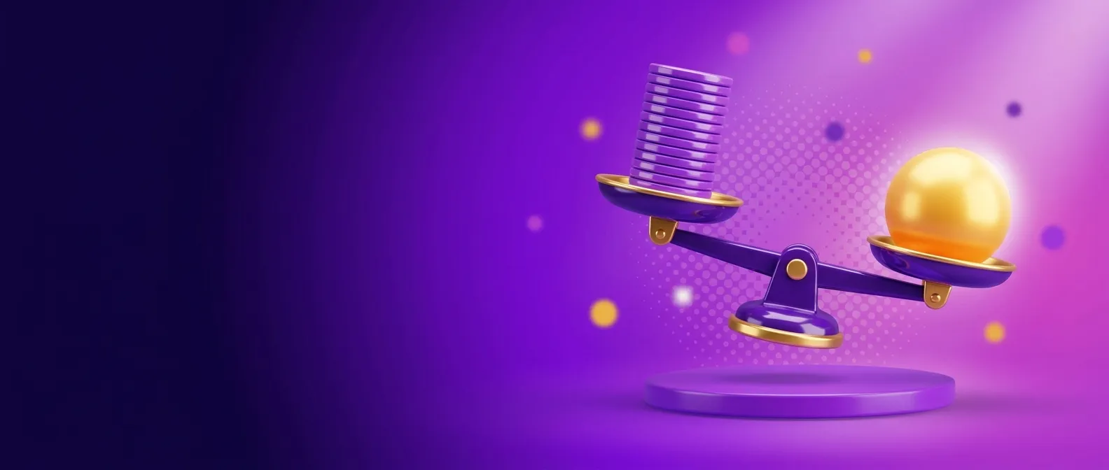 Glossy violet tilted card panel with gold edge rising above a podium, small gold spheres orbiting it on a deep indigo to viol