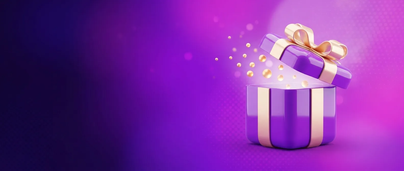 Wide cinematic hero banner with glossy violet card panel rising above a podium, gold spheres orbiting, deep indigo left shado