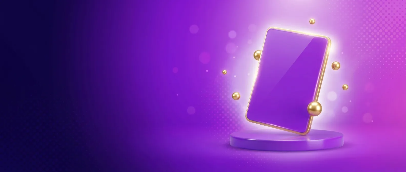 Wide cinematic hero banner with rich violet gradient, gold accent focal object floating on indigo field, glossy 3D render sty